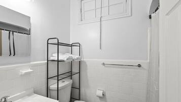 Hair dryer, towels, soap, toilet paper