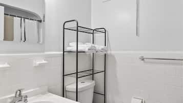 Hair dryer, towels, soap, toilet paper