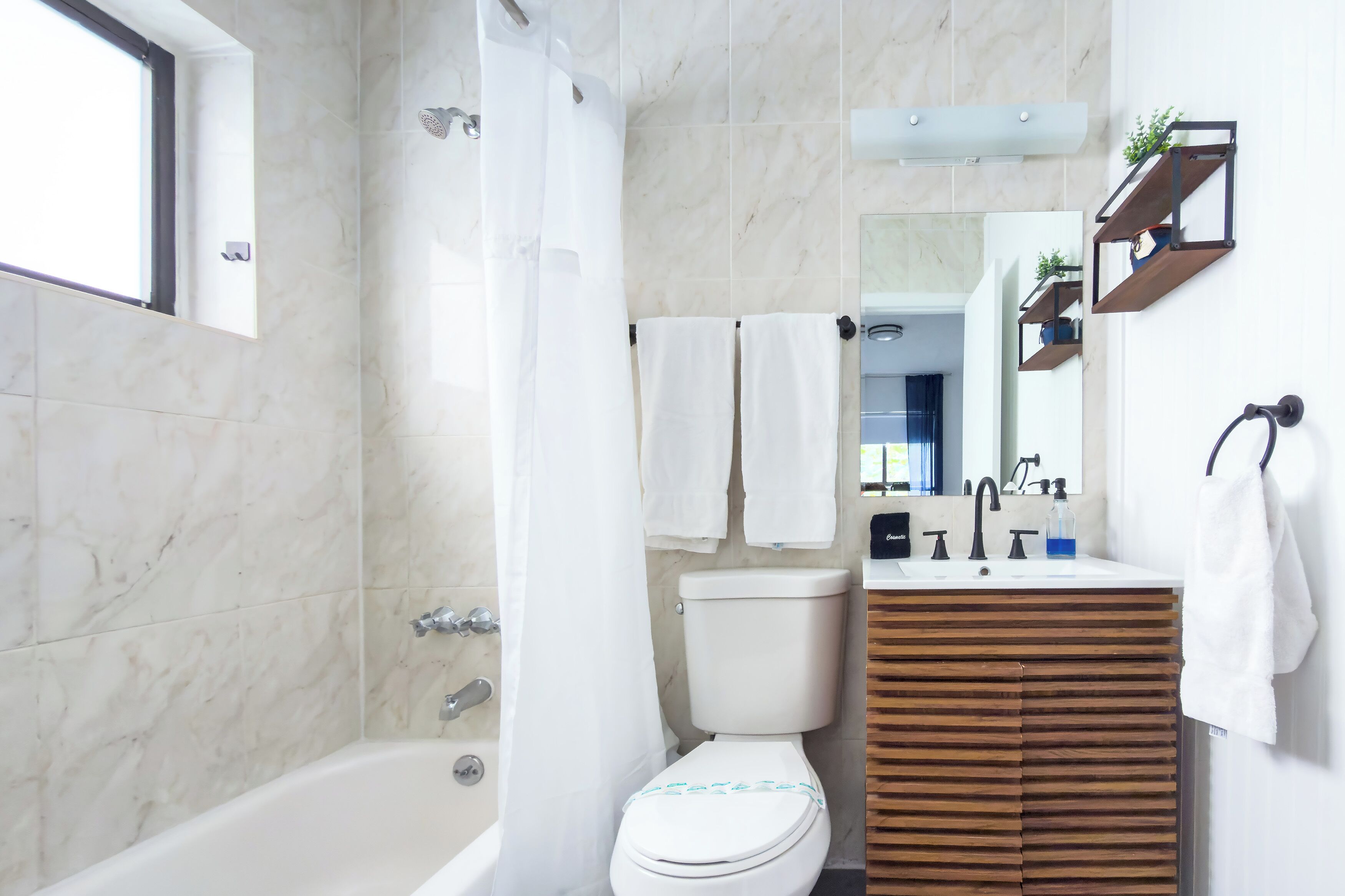 Hair dryer, towels, soap, toilet paper
