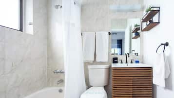 Hair dryer, towels, soap, toilet paper
