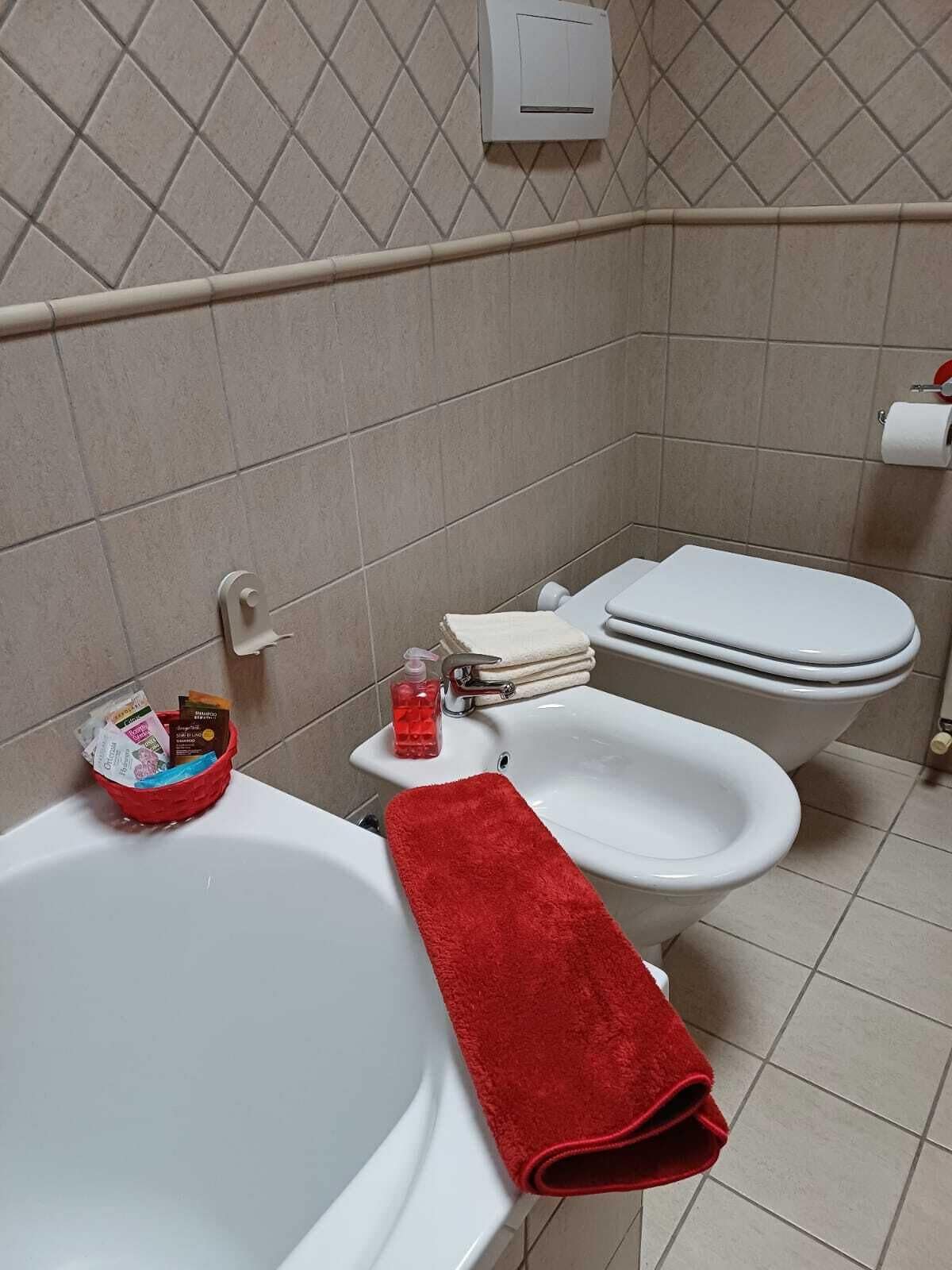 Une salle de bain avec une baignoire, des toilettes et un bidet. Il y a une serviette rouge sur le sol, un distributeur de savon et un petit panier contenant des articles de toilette.