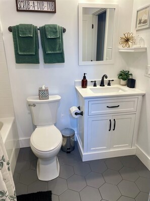 Hair dryer, towels, soap, shampoo