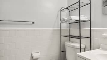 Hair dryer, towels, soap, toilet paper