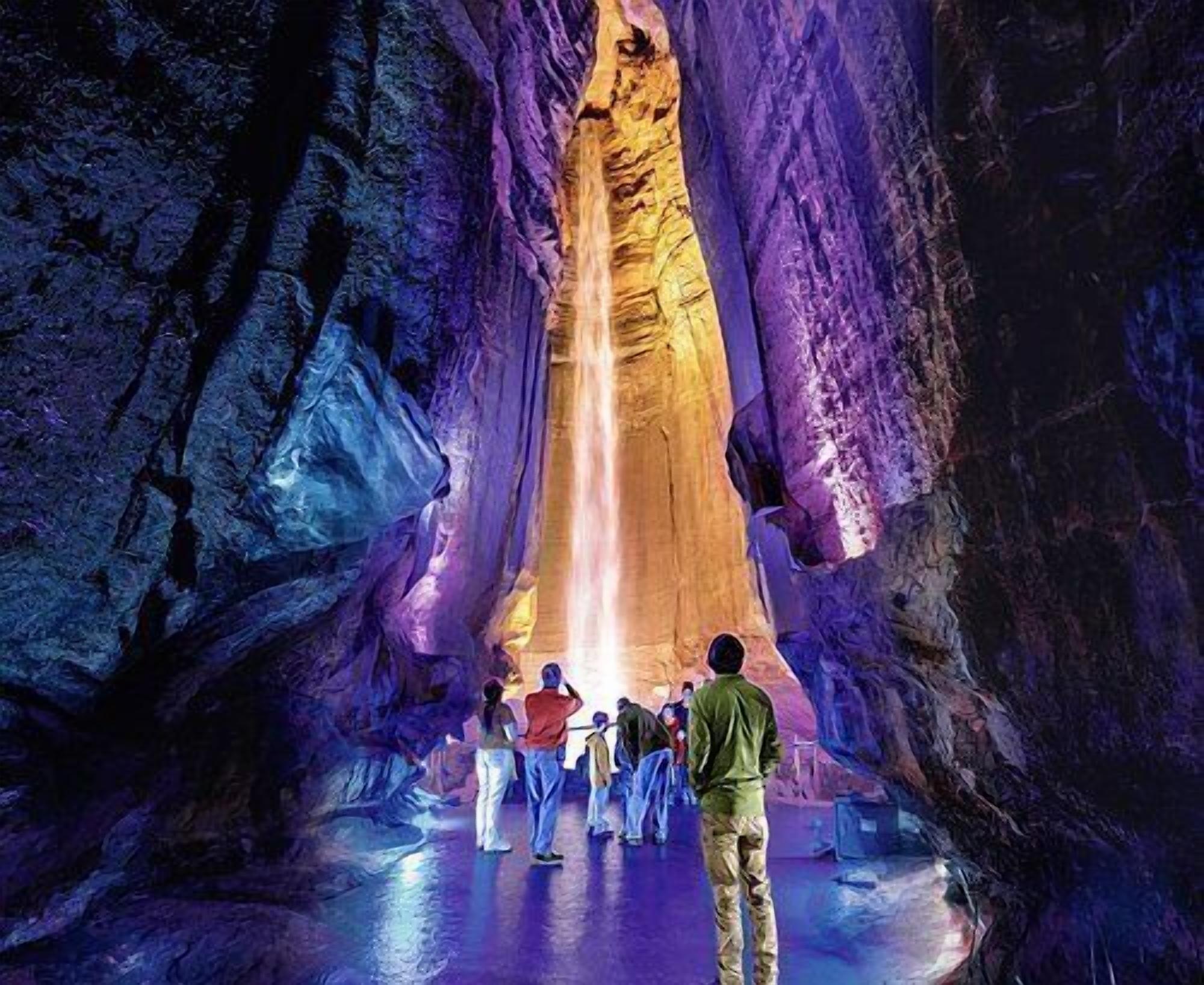 A group of people standing in a cave with a waterfall.