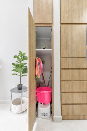 Una habitación con un armario de madera, una planta en maceta, un trapeador, un cubo de limpieza y un recipiente para productos de limpieza.