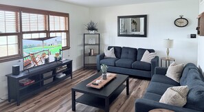 Smart TV, fireplace, books