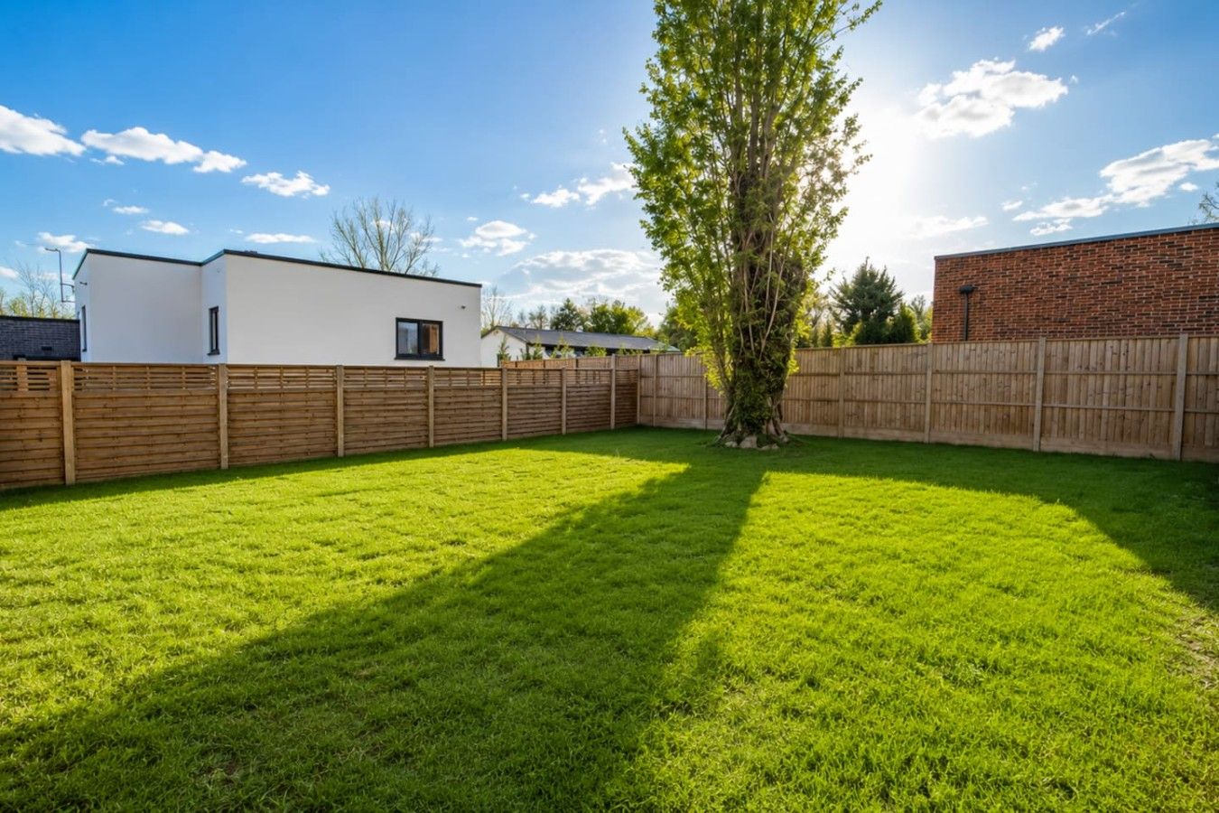Un jardin avec une pelouse bien entretenue, une clôture en bois et un arbre.