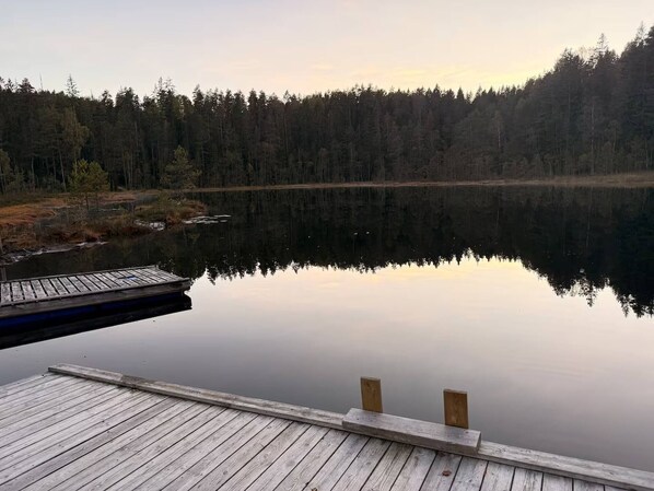 Une jetée en bois s’étendant sur un lac paisible, avec une rive boisée en arrière-plan.