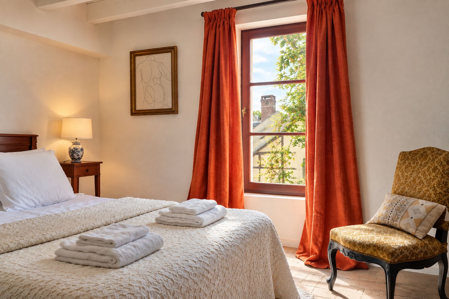 Ein Hotelzimmer mit einem Bett, einem Sessel, einem fenster mit Vorhängen, einer Lampe und einem gerahmten Bild an der Wand.