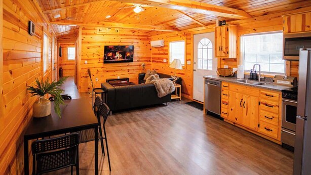 A cozy cabin with a wooden interior, a dining area with a table and chairs, a sofa, a kitchen with wooden cabinets and a sink, and a television in the living area.