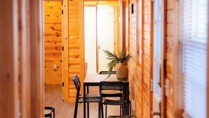 A wooden interior with a dining area featuring a table and chairs, a potted plant, and a bench with shoes.