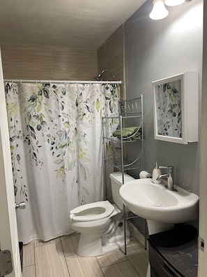 A bathroom with a toilet, sink, and shower curtain. - Charming Guest House with private entrance (Las Vegas)