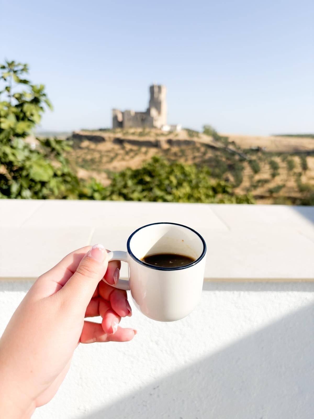 Eine Hand hält eine weiße Tasse mit blauer Kante, gefüllt mit einer dunklen Flüssigkeit, vor einem wolkenlosen Himmel und einer in der Ferne auf einem Hügel thronenden, schlossähnlichen Struktur.