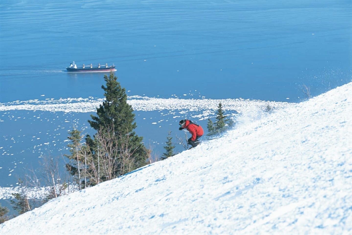 A snowy landscape with a person skiing down a slope, a body of water, and a ship in the distance.