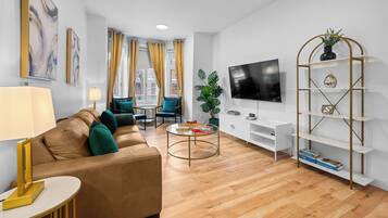 Modern comfort with a warm, inviting feel.
