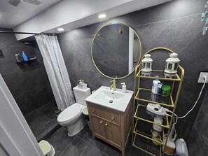 Hair dryer, towels, soap, toilet paper