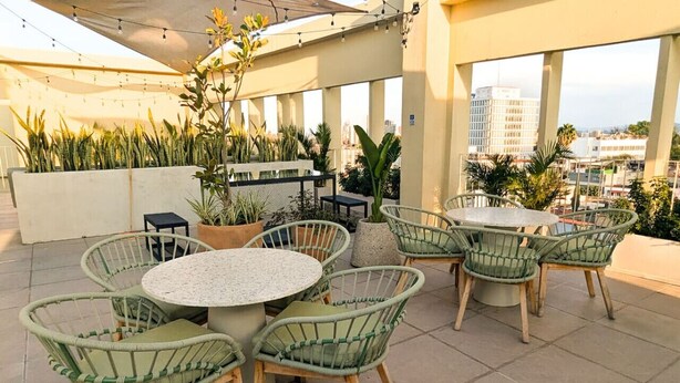 Une terrasse sur le toit, avec des tables rondes et des chaises en osier, entourée de plantes en pot et offrant une vue sur le paysage urbain.