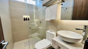 A modern bathroom with a glass shower enclosure, a white toilet, and a large sink with a mirror above it.
