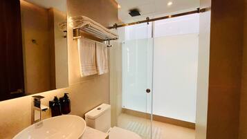 Un baño moderno con ducha envuelta en vidrio, un lavamanos blanco y un espejo sobre él.