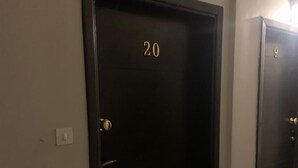 Uma porta escura com o número 20, um interruptor de luz e um tapete pequeno na base.