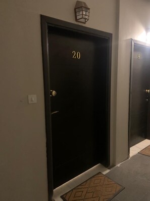 Eine dunkel gefärbte Tür mit der Nummer 20, einem Lichtschalter und einem kleinen Teppich am Fuß.