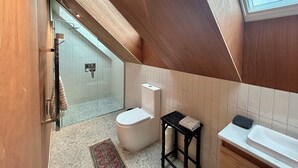 Un baño moderno con tragaluz, inodoro, lavabo y zona de ducha.