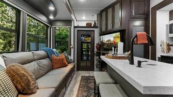 Télévision, cheminée, chaîne hi-fi