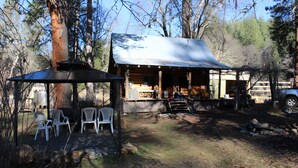 A rustic cabin with a covered porch, outdoor seating, and a natural forest setting.