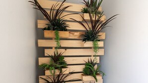 A vertical wooden planter wall with various plants. - Stunning! Modern with original hardwood! (Sioux Falls)