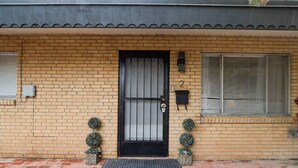 Une maison en briques avec une porte noire, deux petites plantes en pot et une boîte aux lettres.