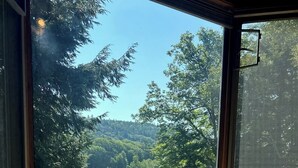 A room with a large window overlooking a lake, a wooden bench with a cushion, and a view of a forested area. - Stunning Belgrade Lakes Waterfront Retreat – Dock, Kayaks & Breathtaking Views! (Rome)