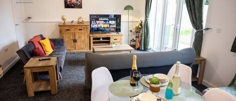 TV, fireplace, video games, DVD player