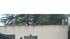 Zona exterior petita i tancada amb una porta blanca, una finestra petita i una planta en test.