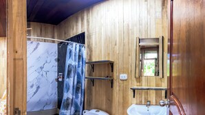 Ein Holzinnenraum mit Dusche, Toilette, Waschbecken und Spiegel.