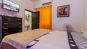 A bedroom with a bed, a dresser, a television mounted on the wall, an air conditioner, a fan, and a painting.