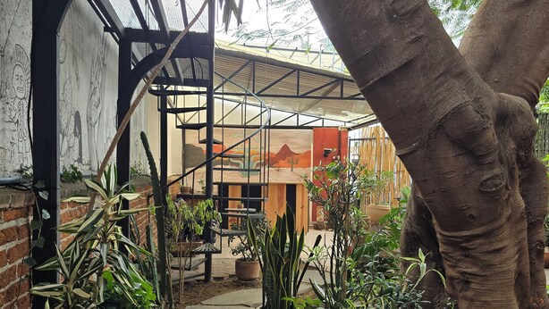 Un sendero en un jardín que lleva a un edificio con una escalera de metal y un mural en la pared.