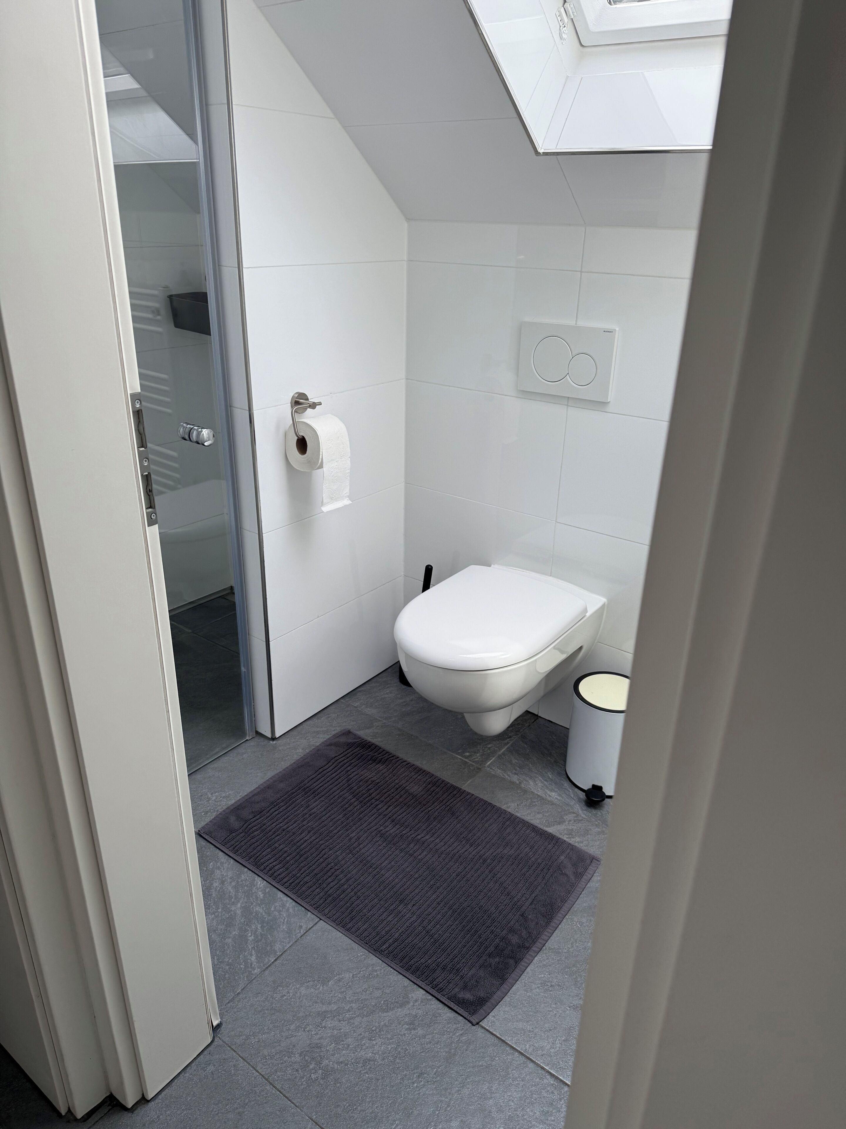 A modern bathroom with a toilet, a towel rack, and a shower area.