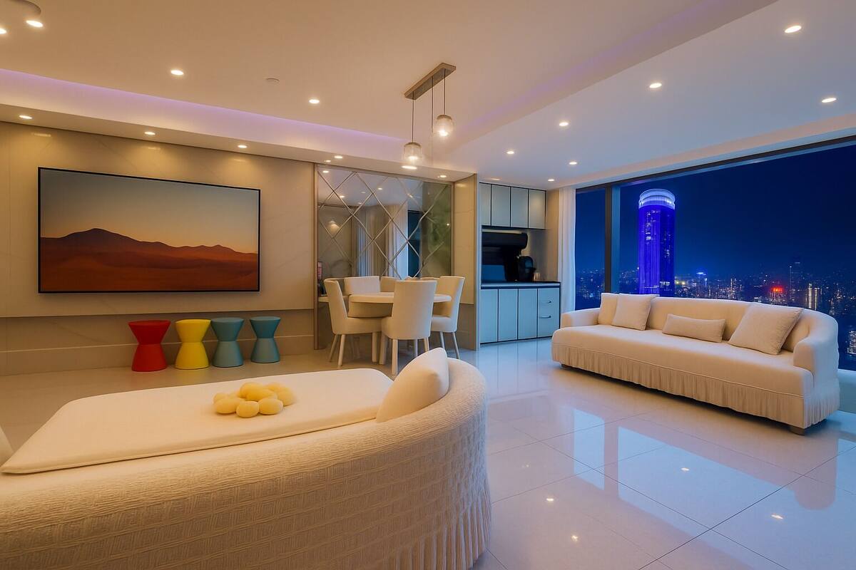 A modern living room with a sofa, a dining area, and a city view.
