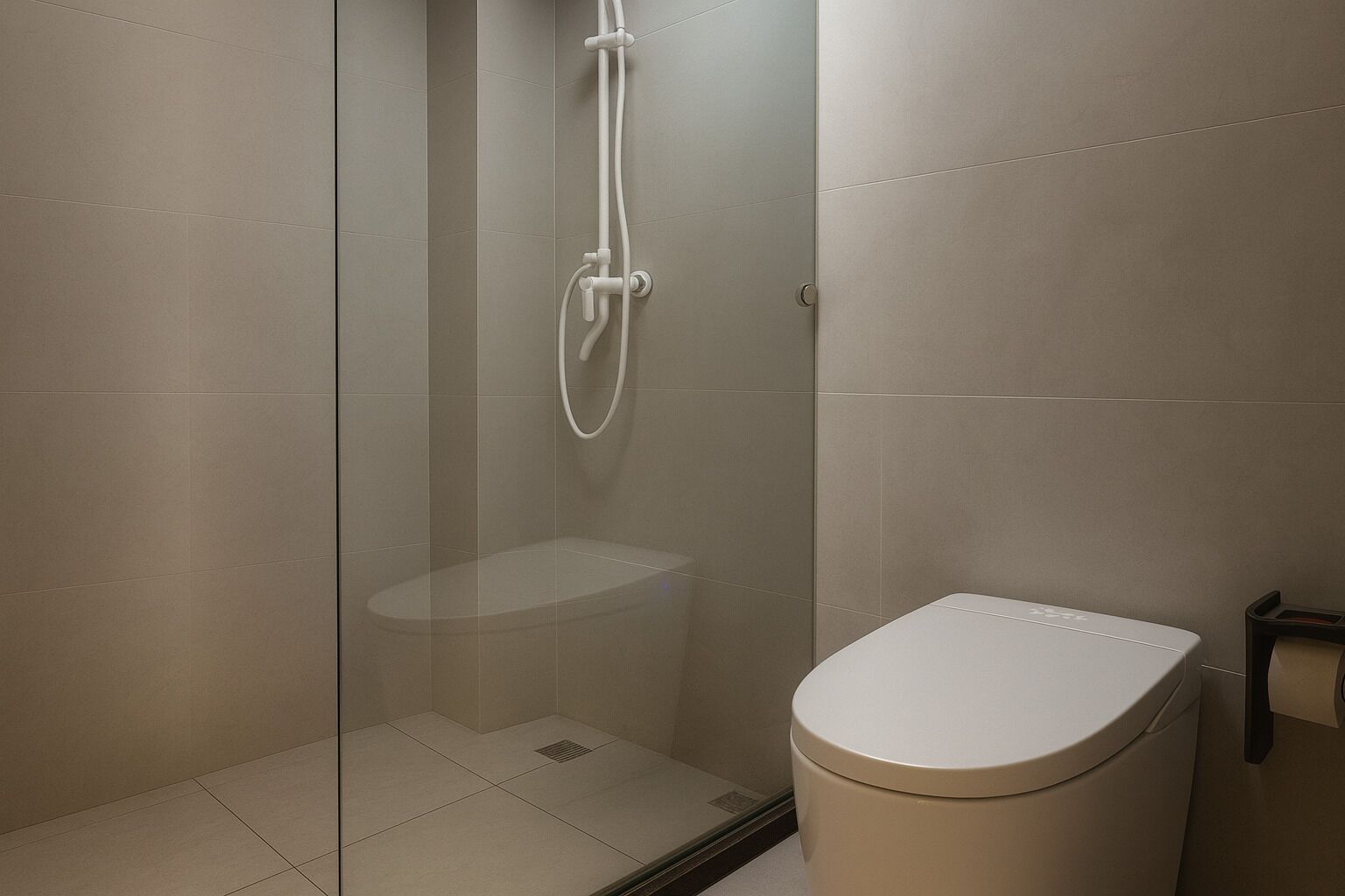 A modern bathroom with a glass-enclosed shower, a toilet, and a bidet.