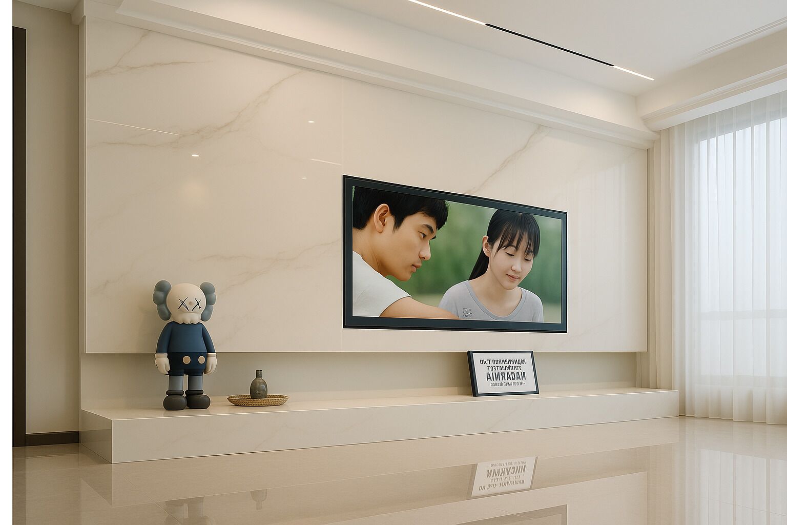 Un salon moderne avec un téléviseur à écran plat fixé au mur, une statuette décorative et une petite table sur laquelle est posé un vase.