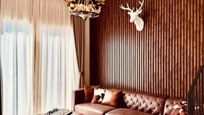A modern living room with a leather sofa, a wooden accent wall, a chandelier, and a mounted deer head.