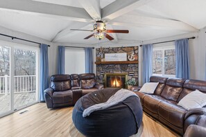 House, Multiple Beds, Patio (Scenic Oasis) | Living room - Spacious Lakefront Home w/ Private Dock, Decks, Game Room & Firepits at the 12mm (Sunrise Beach)