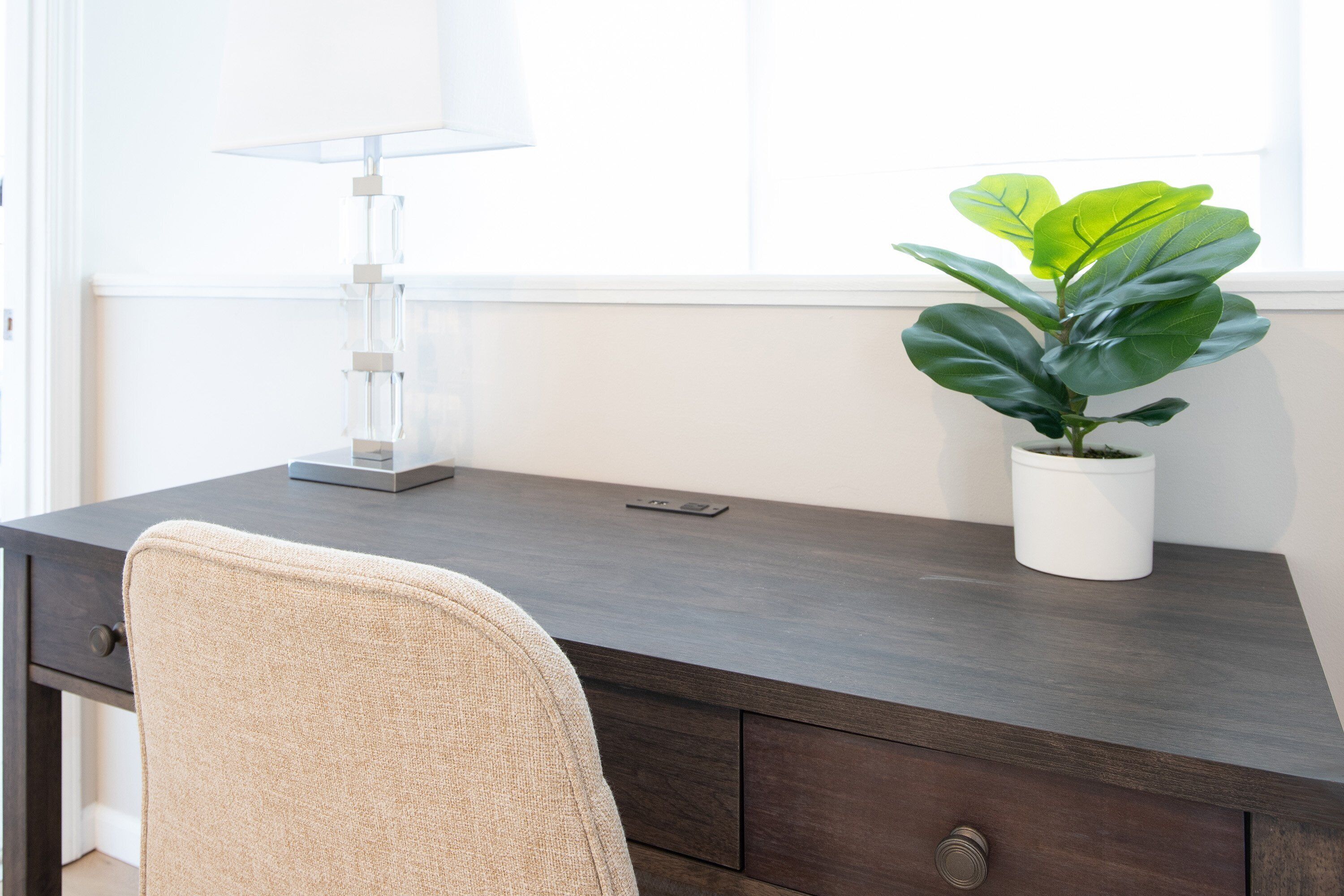 A dark wooden desk with a white lamp and a potted plant.