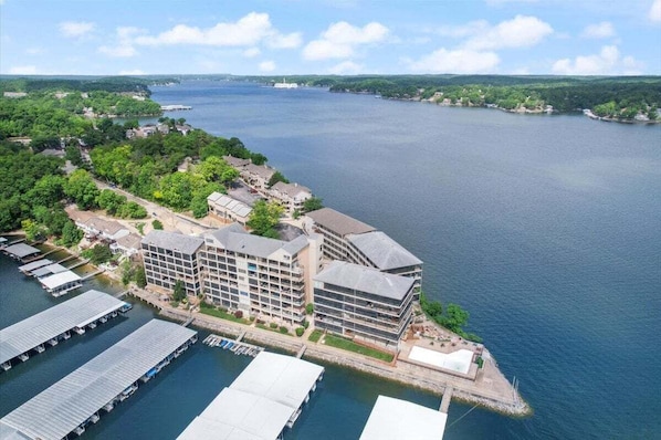 Aerial view - Lakeview Condo at The Falls w/ Wraparound Screened Porch, 2 PWC Slips & Pools at 2 MM (Lake Ozark)
