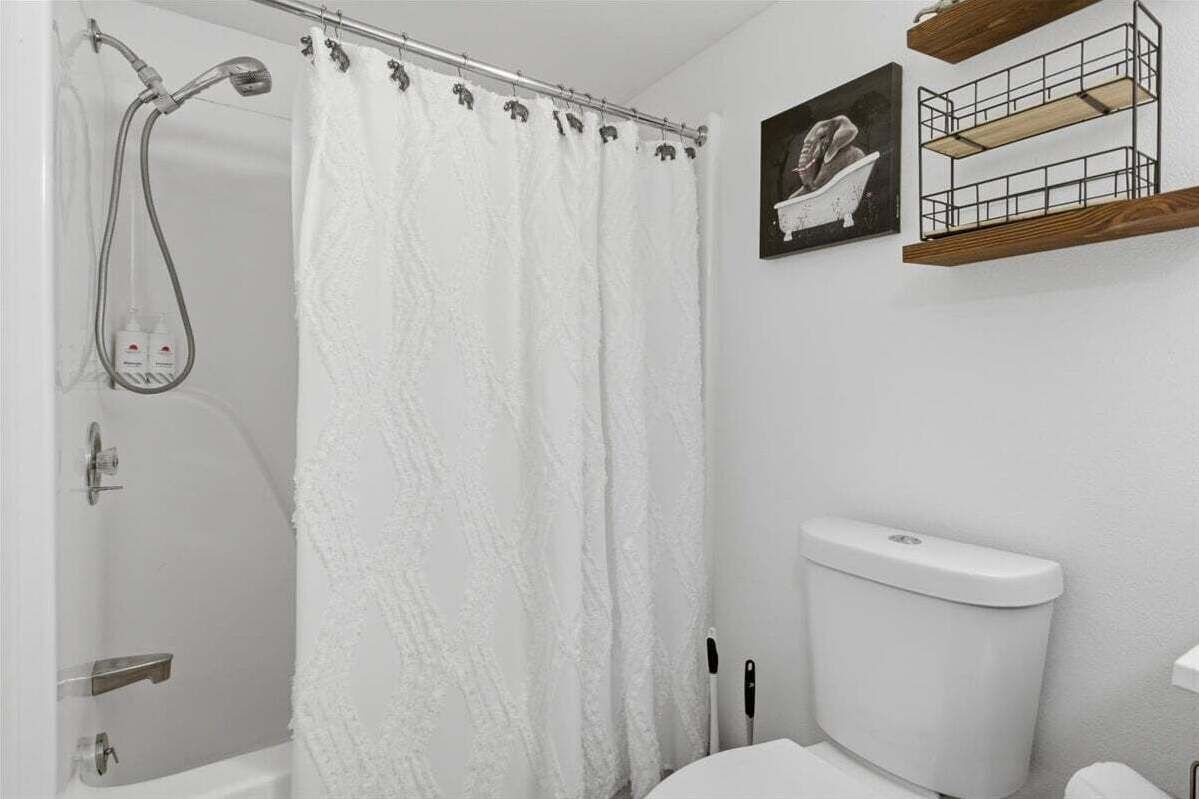 A bathroom with a shower, toilet, and a shelf with a picture.