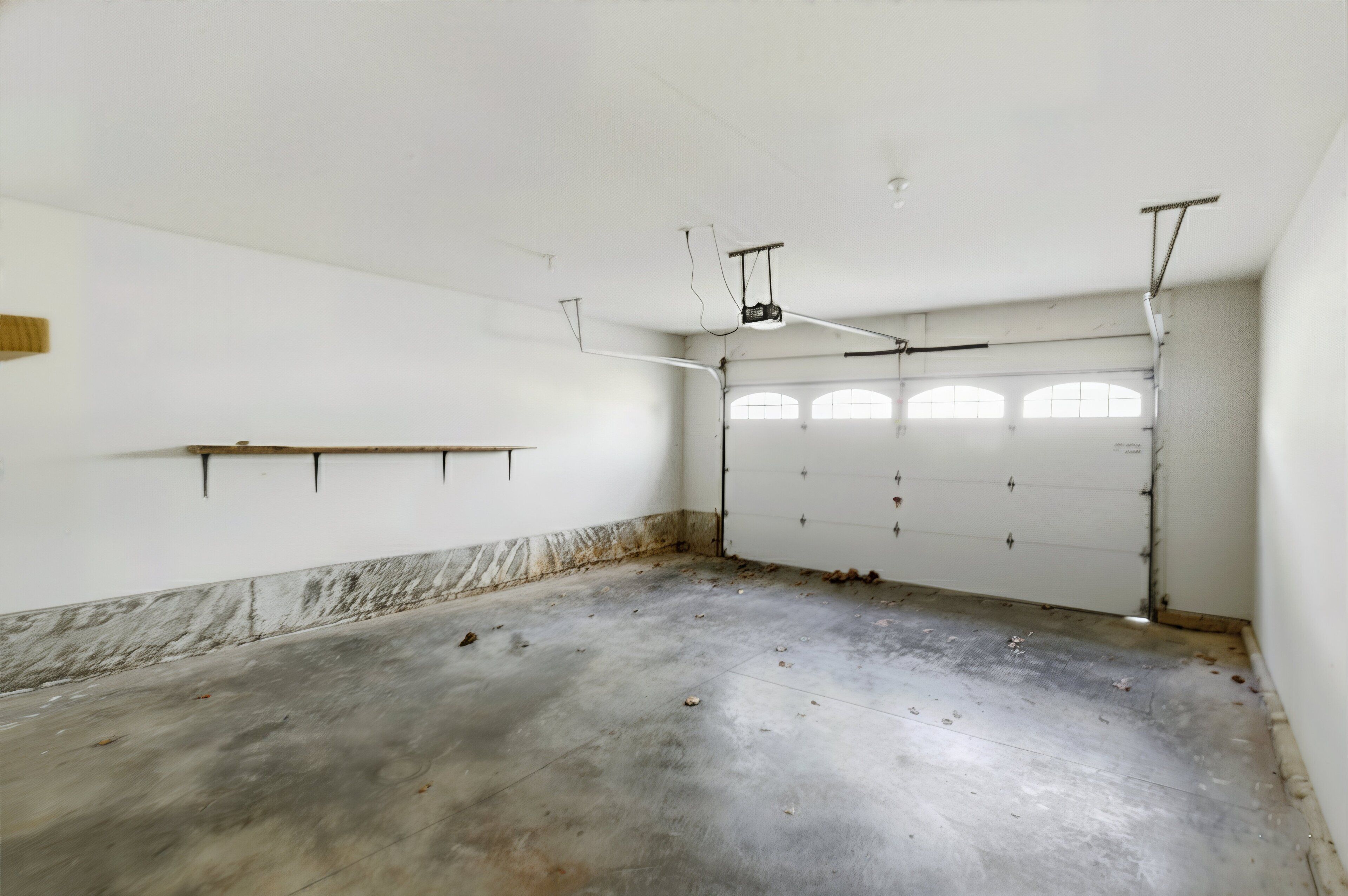 A spacious, empty garage with a concrete floor, white walls, and a large garage door.
