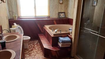 Jetted tub, hair dryer, towels, soap