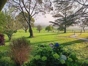 A park with a paved path, various trees, and well-maintained grass.