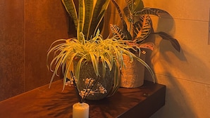 Une salle de bain avec un meuble-lavabo en bois, une plante en pot et un luminaire suspendu.