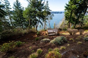 Un banc en bois rustique, situé dans une zone boisée, avec vue sur un lac.